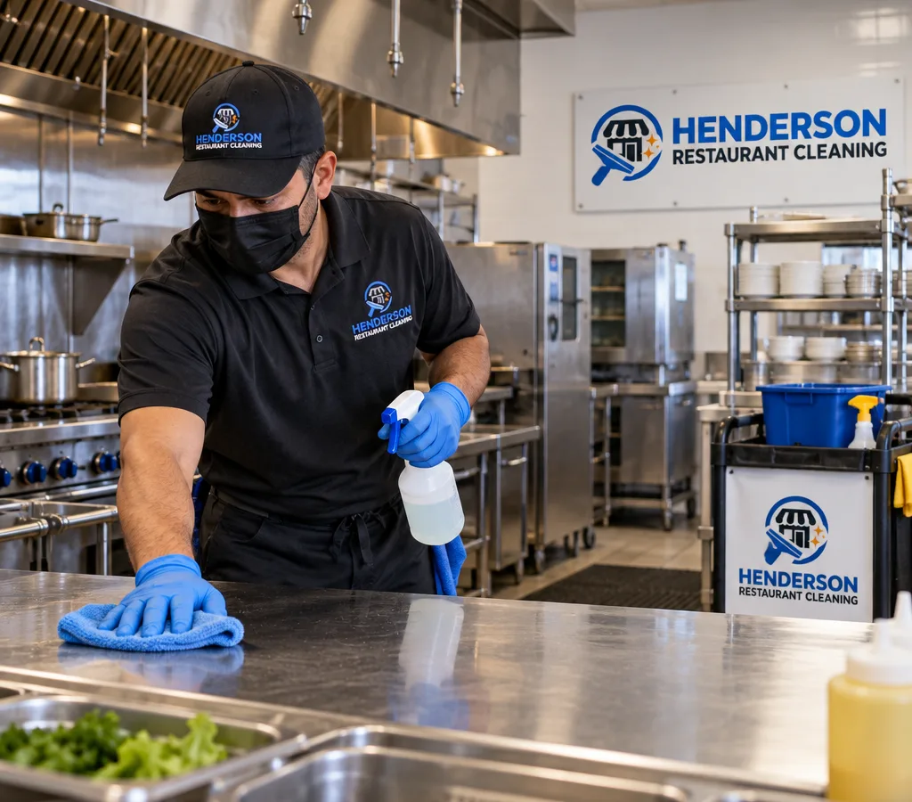 Commercial cleaner sanitizing restaurant prep tables and stainless surfaces in a working kitchen