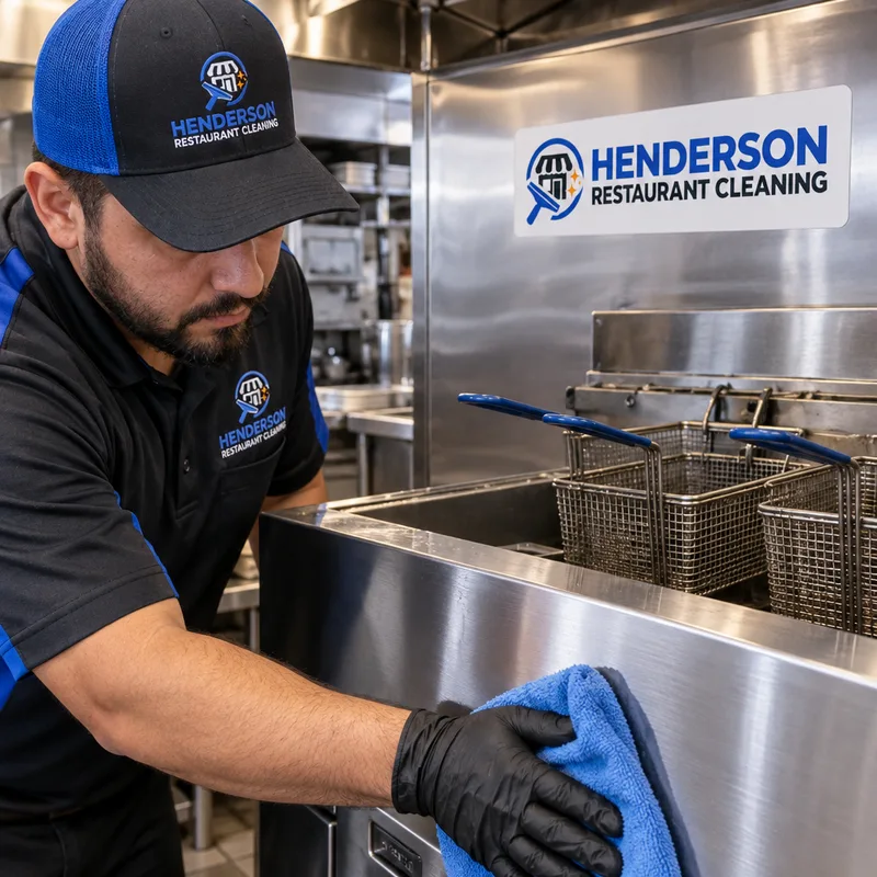 Cleaned commercial fryer exterior and surrounding stainless panels with grease removed