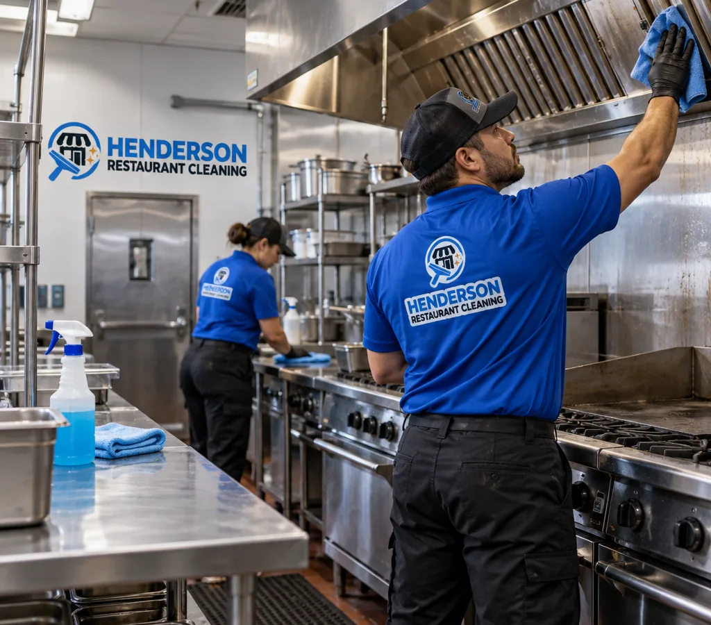 Commercial restaurant kitchen with stainless prep tables, range line, hood and backsplash being professionally cleaned after hours