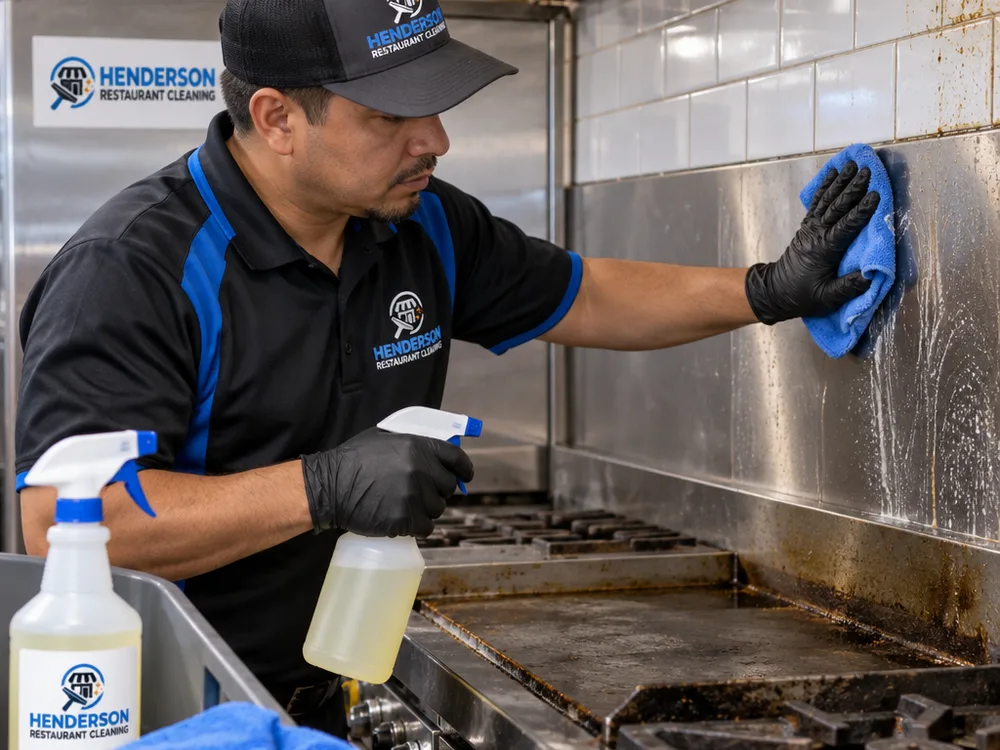 Technician cleaning greasy backsplash tile and stainless side panels beside a commercial range line