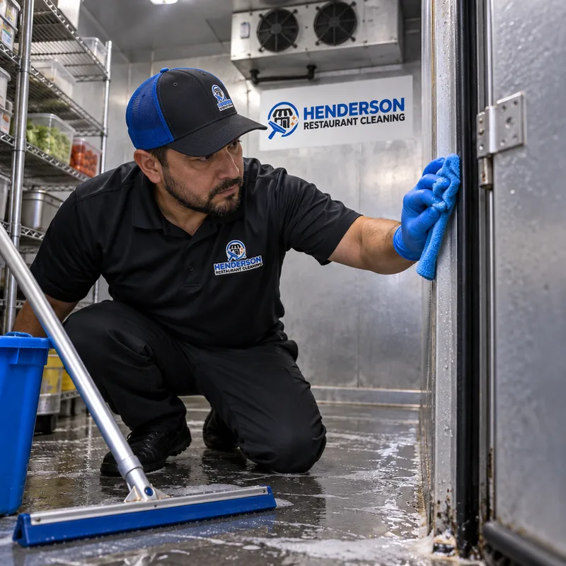 Cleaner wiping walk-in cooler walls and door gasket areas while cleared shelving and a squeegee allow the floor to be cleaned and dried