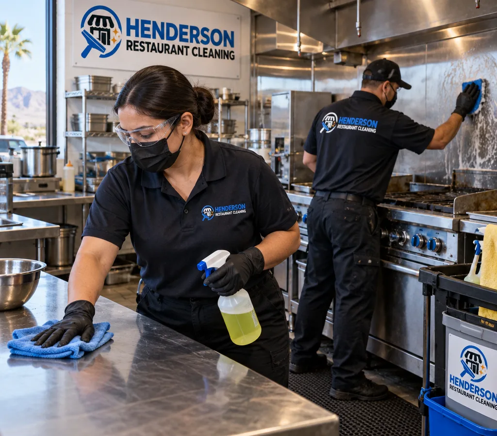 Professional cleaners wearing protective equipment while cleaning stainless prep tables and the cook line in a commercial restaurant kitchen