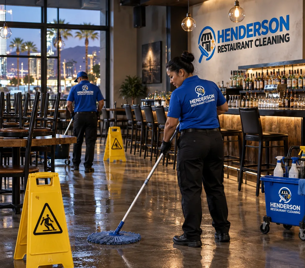 After-hours cleaning crew mopping a commercial restaurant dining room with chairs raised, a visible bar and wet-floor signs