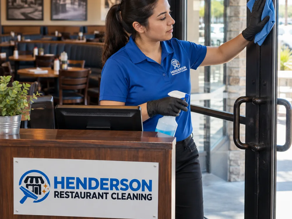 Cleaner wiping and disinfecting a restaurant host stand and entry glass with tables and booths visible behind