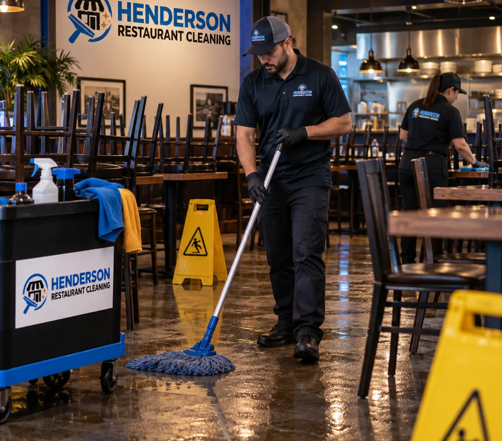 Night cleaning crew mopping a restaurant dining floor after close with chairs raised, wet floor signs and a cleaning caddy