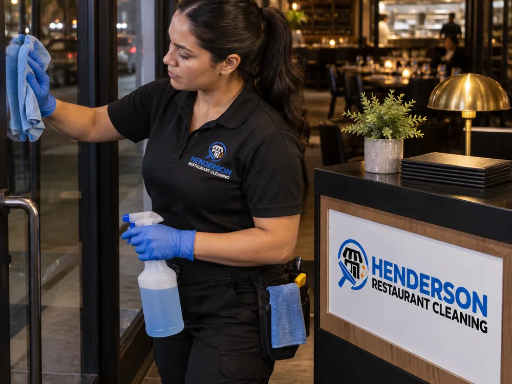 Janitorial technician cleaning restaurant entry glass and detailed touchpoints around a host stand at night