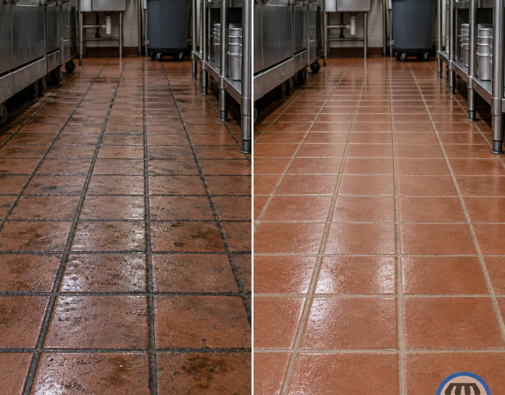 Before and after view of commercial kitchen quarry tile with visibly cleaner grout after extraction