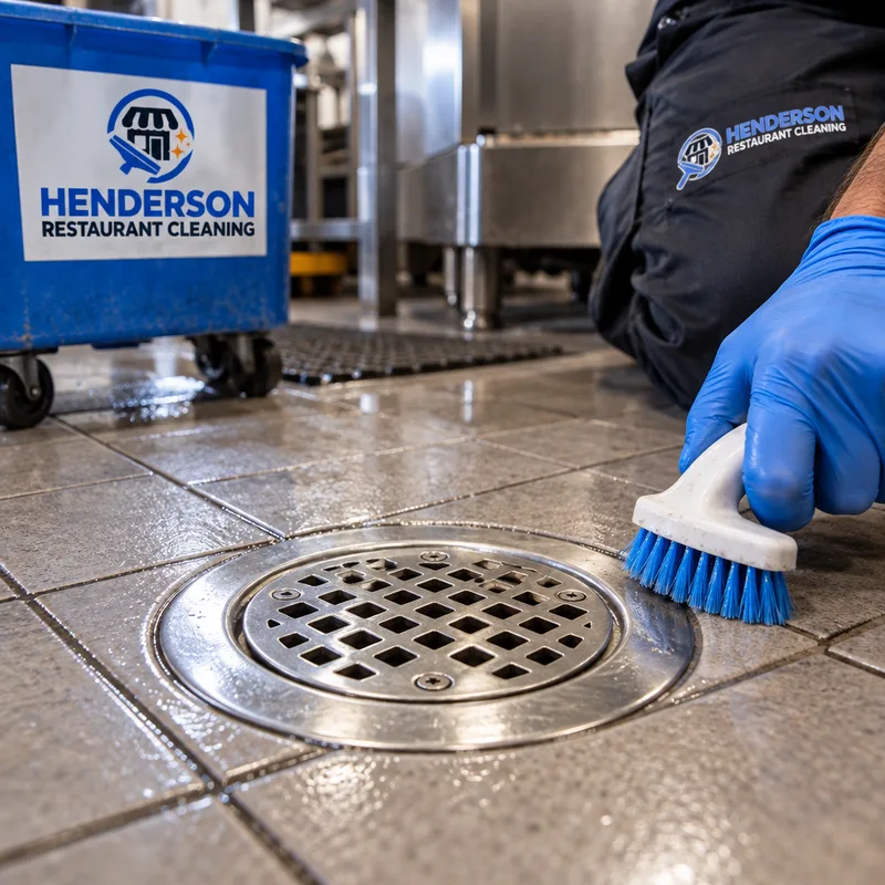 Clean commercial kitchen floor drain and surrounding tile with grease removed from grout joints