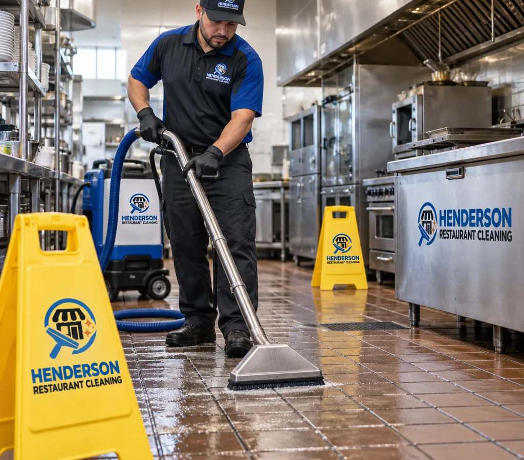 Technician pressure-washing and extracting a commercial kitchen tile floor with wet-floor safety signage