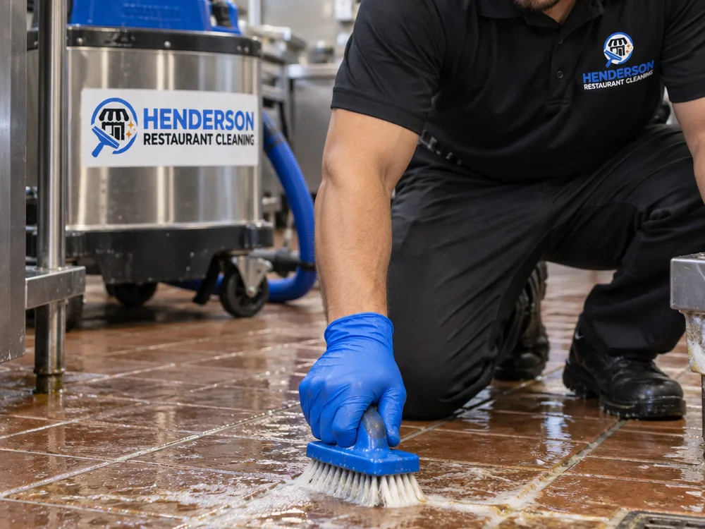 Close-up of commercial kitchen grout lines being scrubbed as emulsified grease is lifted before extraction