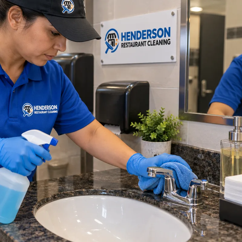 Gloved cleaner disinfecting faucet handles and sink rim in a stocked commercial restaurant restroom