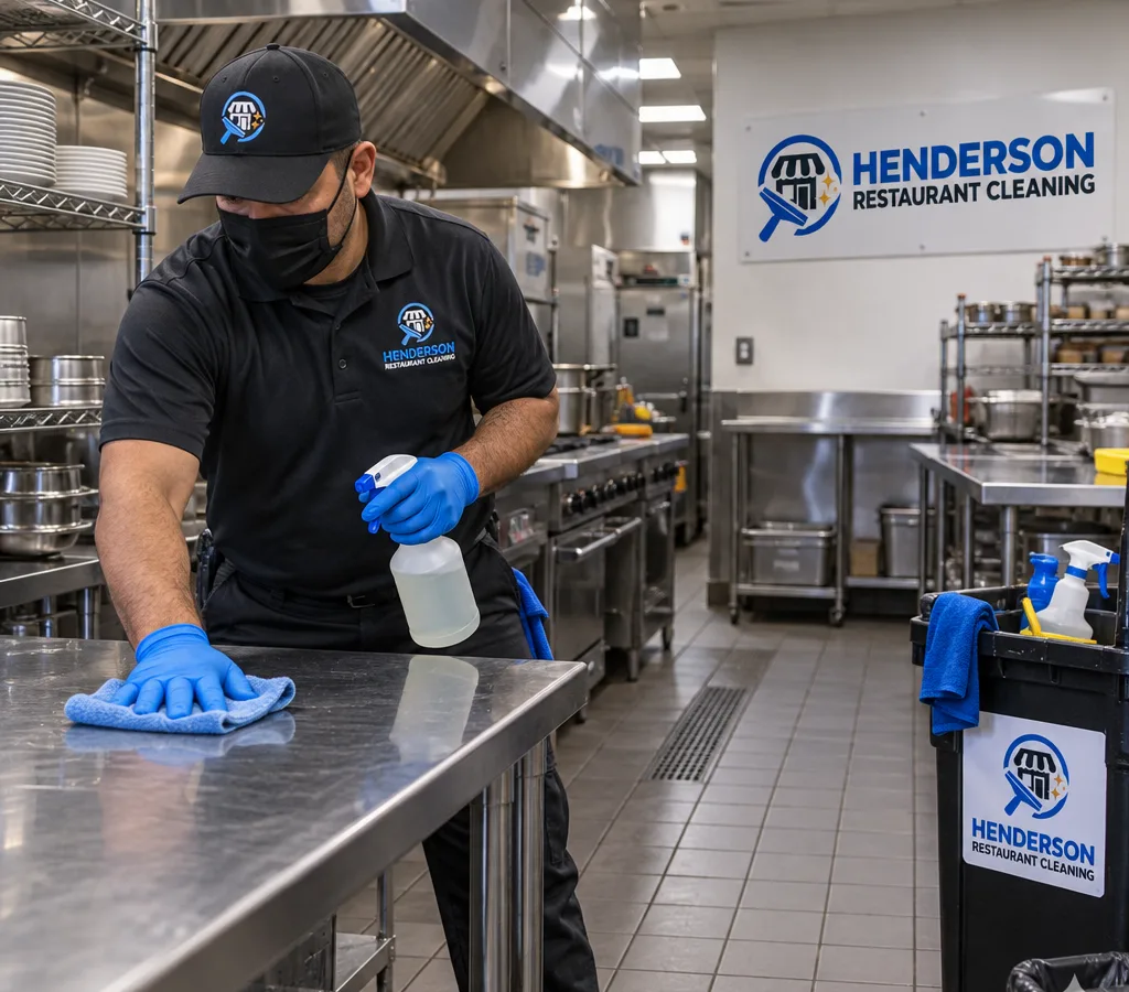 Cleaning technician in protective equipment wiping high-touch surfaces in an after-hours commercial kitchen