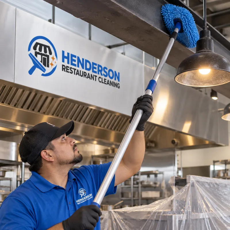 Technician wiping dust and residue from a high commercial kitchen beam and light fixture above protected equipment
