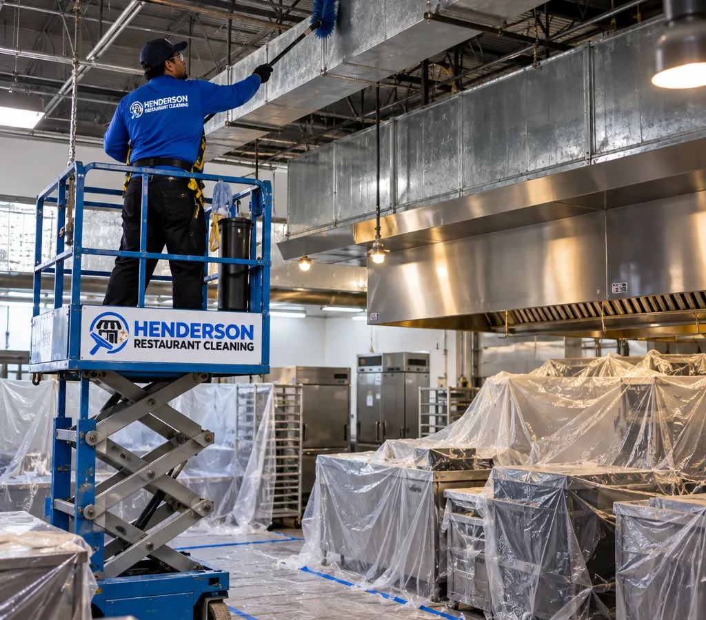 Technician on a lift high dusting above a protected commercial kitchen line while the restaurant is closed