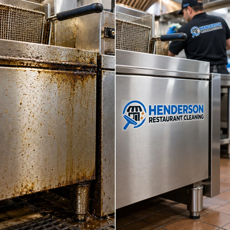 Fryer exterior and adjacent stainless panel showing grease buildup removed to a dry residue-free finish