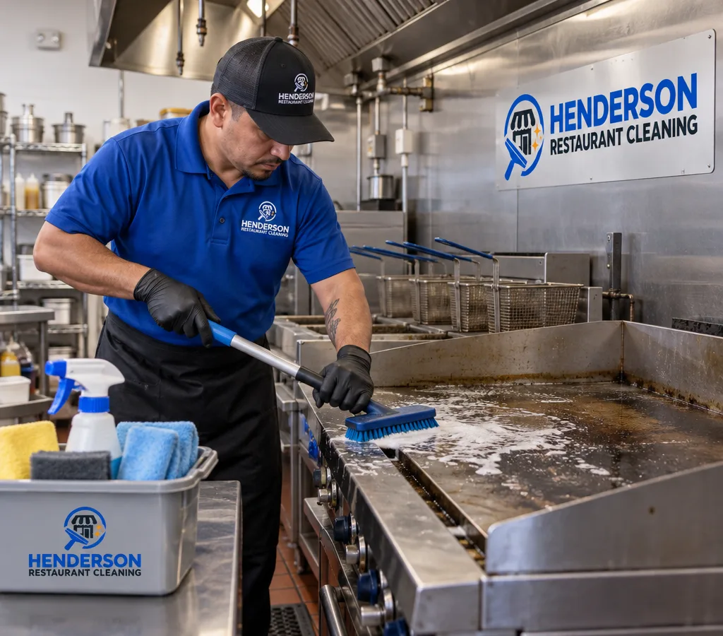 Technician deep-cleaning stainless grills, fryers and prep equipment in a working Henderson restaurant kitchen