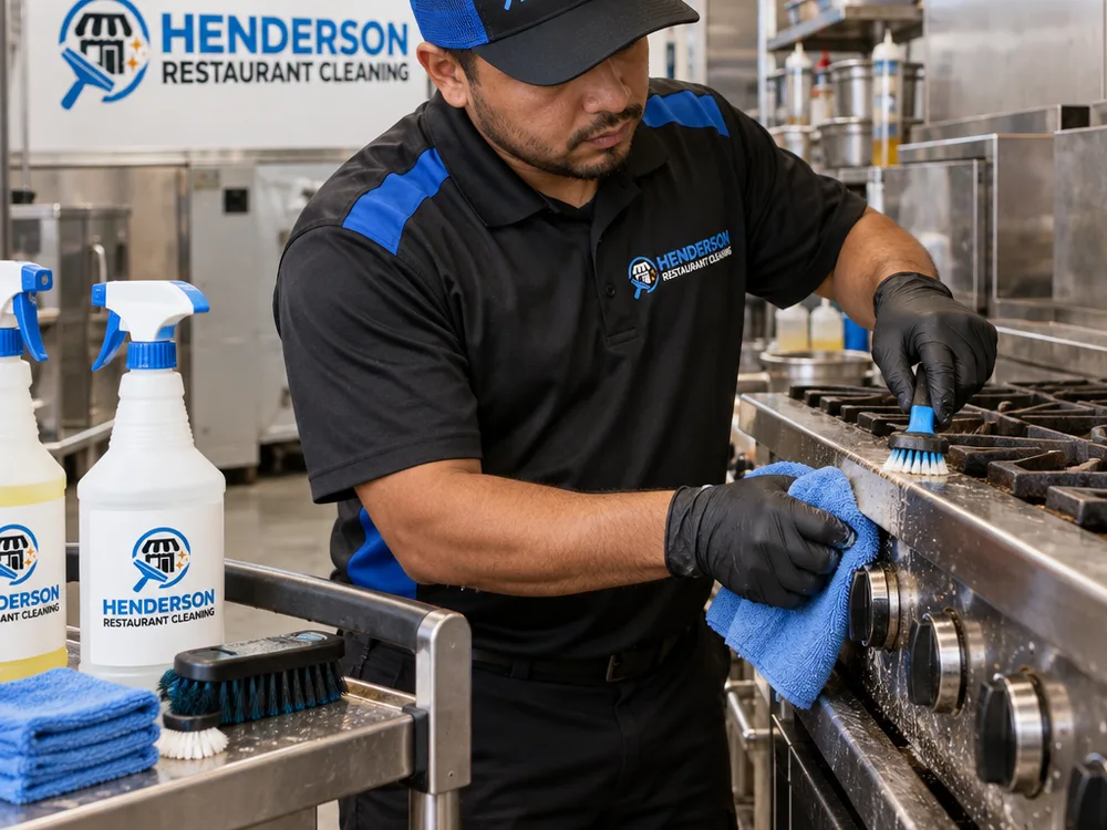 Technician detailing grease from stainless seams and control knobs on a commercial range
