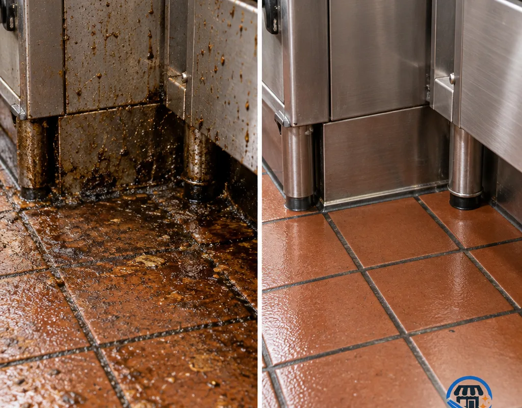 Before and after view of a degreased commercial kitchen floor corner near the cooking line
