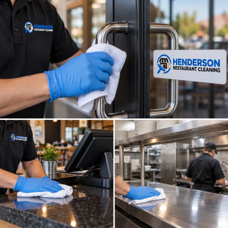 Sanitized restaurant door handles, POS counter and stainless pass-through surfaces