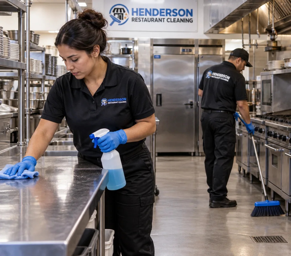 Technician detailing stainless prep tables and sweeping a clean commercial kitchen floor after hours