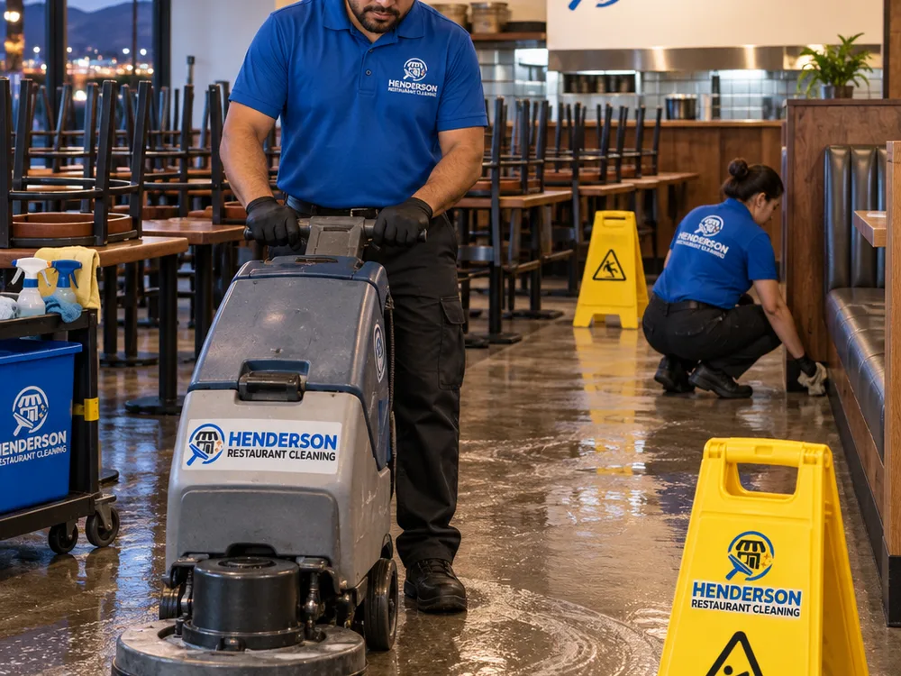 Cleaner operating a floor scrubber and detailing dining-room edges after close