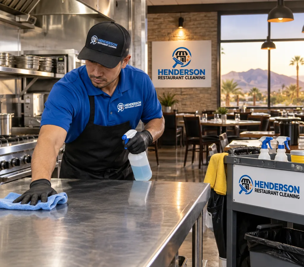 Technician detailing stainless prep tables and sanitizing high-touch points in a commercial restaurant kitchen early in the morning