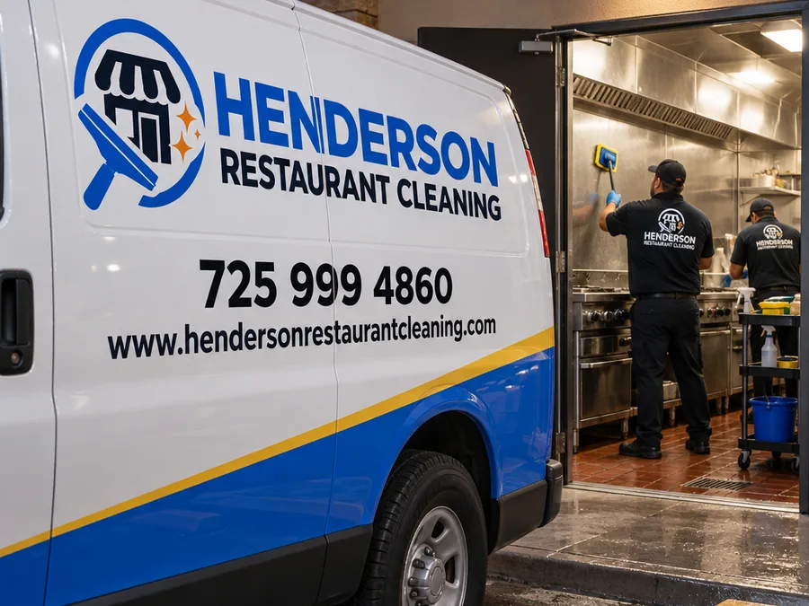 Technicians cleaning a restaurant kitchen after close with organized tools and secured access