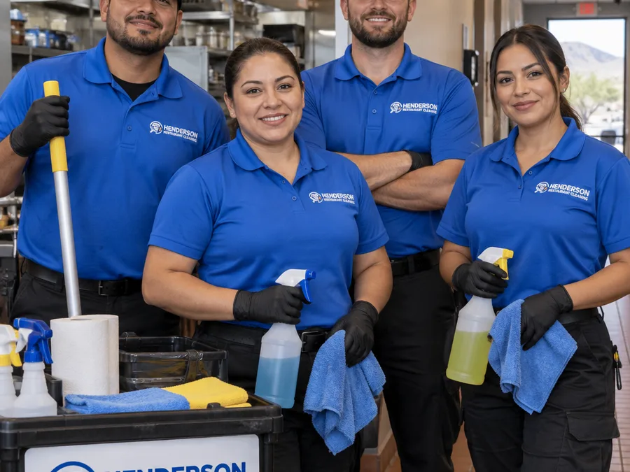 Uniformed restaurant cleaning crew with organized professional supplies