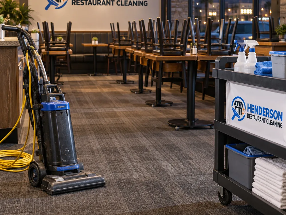 Restaurant dining room being cleaned after service with floors and supplies neatly staged